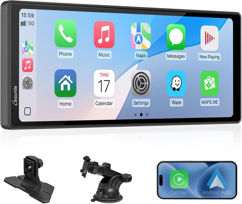Carpuride 10.26 Inch Wireless/Wired Apple CarPlay, Android Auto and Mirror Link - 1600 * 600 IPS Touch Screen Portable Car Stereo, Bluetooth Audio, Siri, Navigation Car Screen for All Vehicles - Image 1